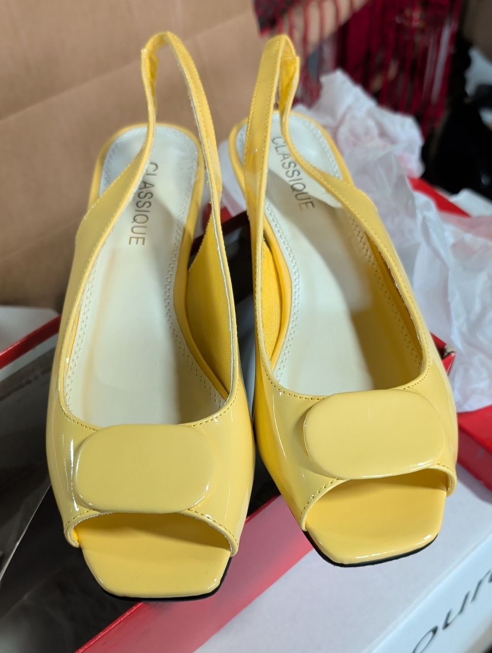 Classique Yellow Patent Slingback Peep-Toe Pumps